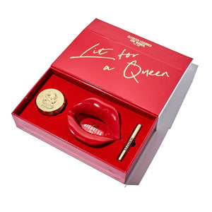 Her Highness lips gift box containing gold grinder, red lips ashtray, and gold refillable lighter